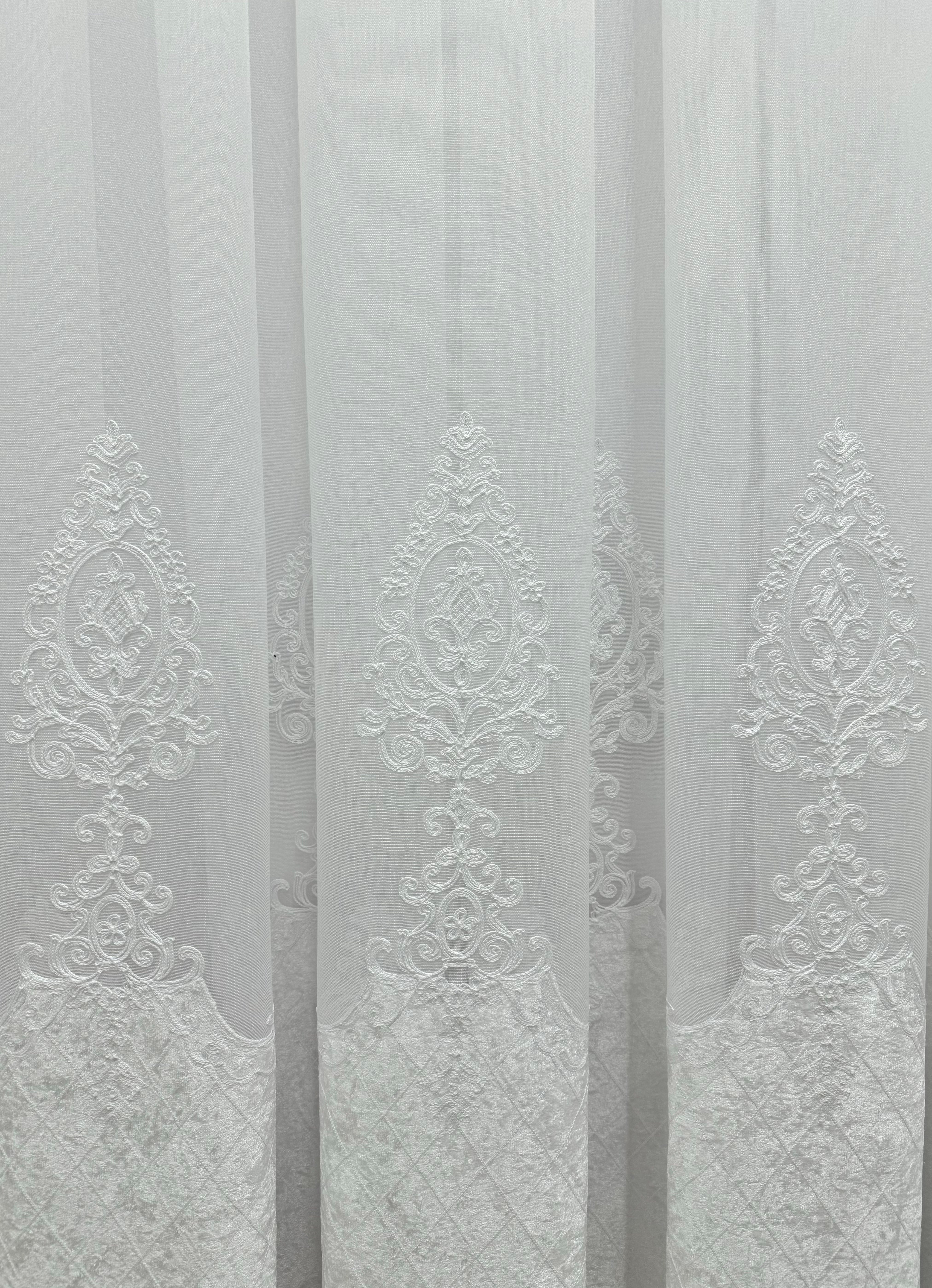 Sheer curtain with beautiful embroidery and velvet inserts, white color