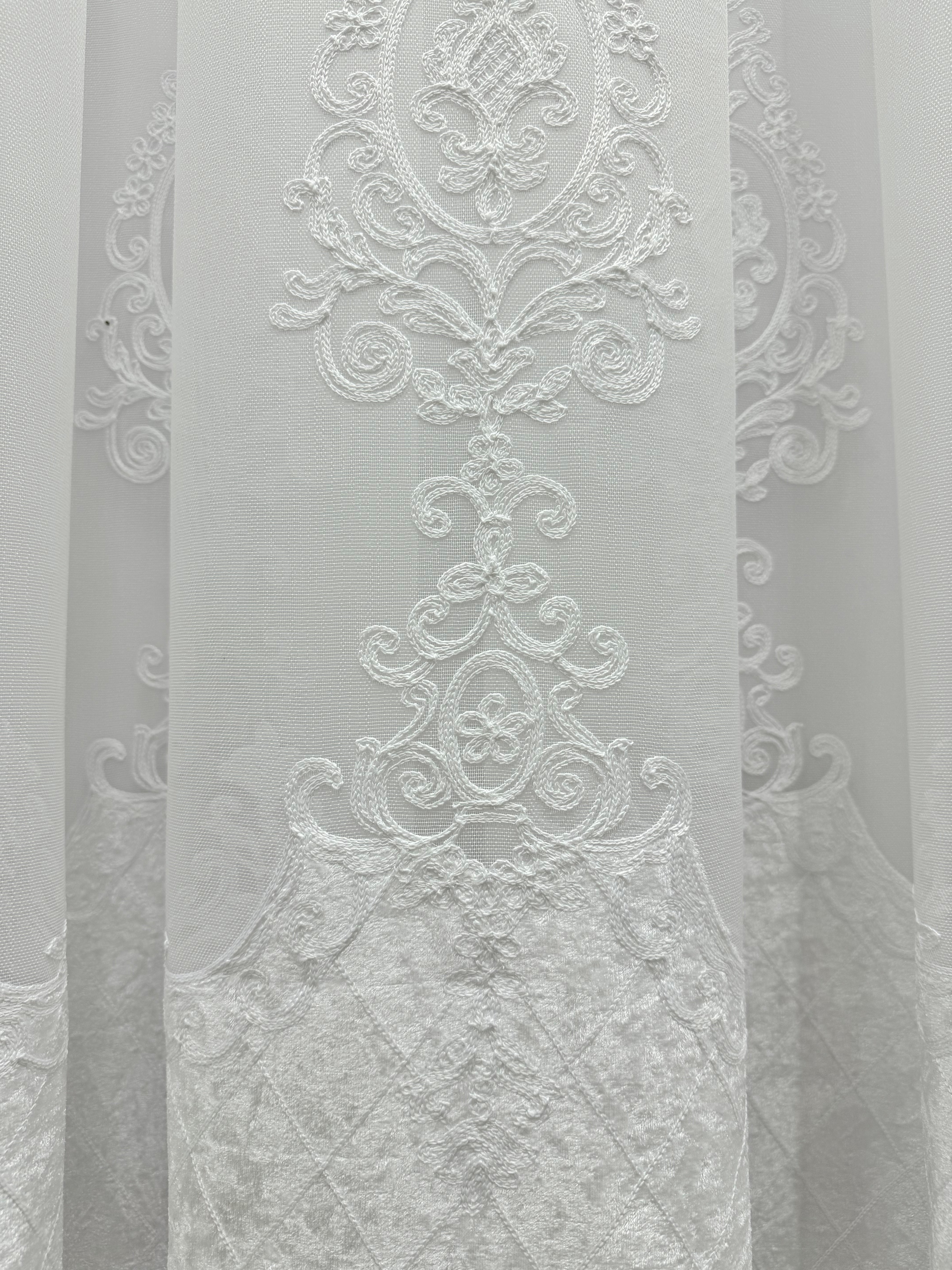 Sheer curtain with beautiful embroidery and velvet inserts, white color