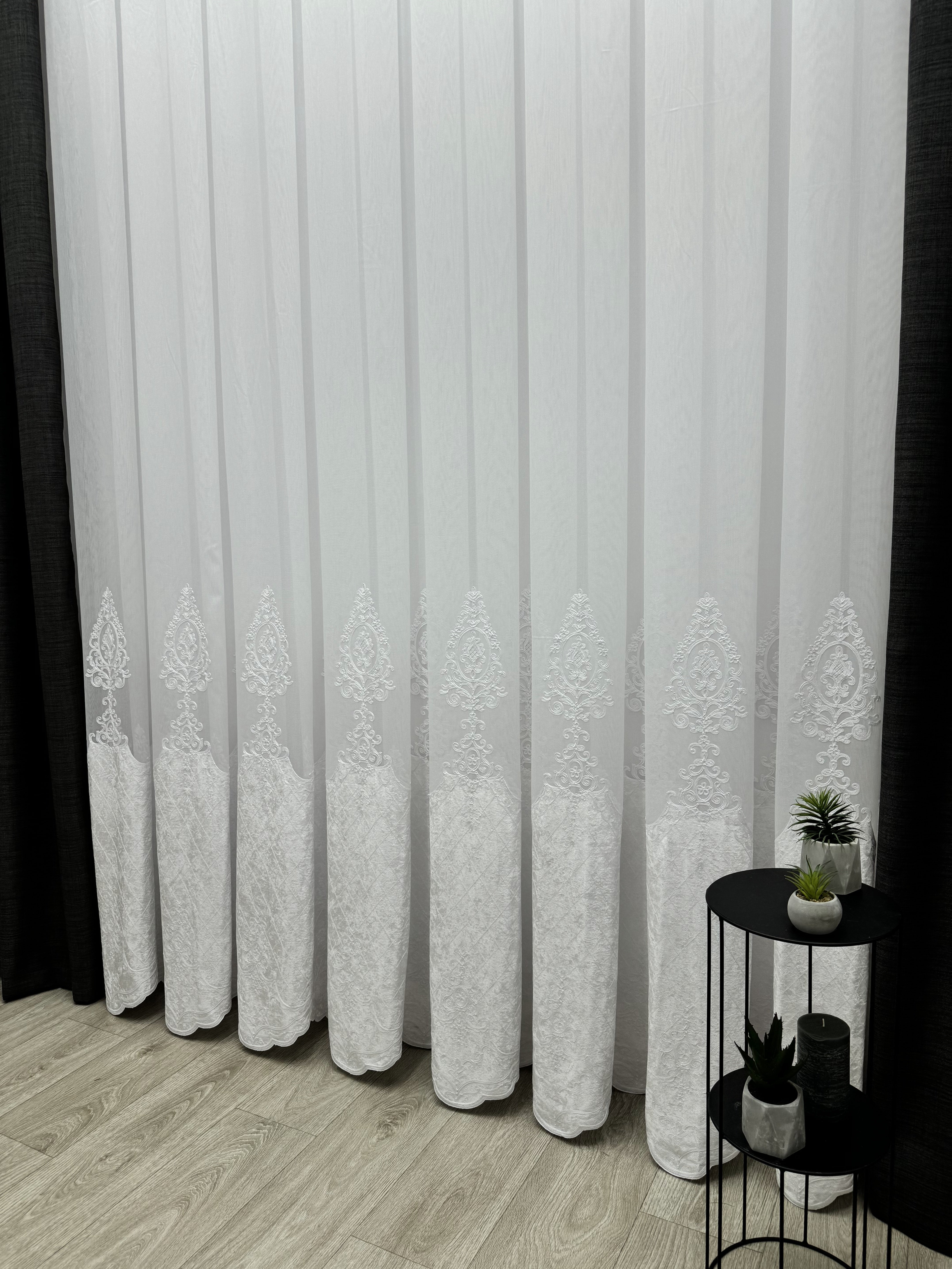 Sheer curtain with beautiful embroidery and velvet inserts, white color