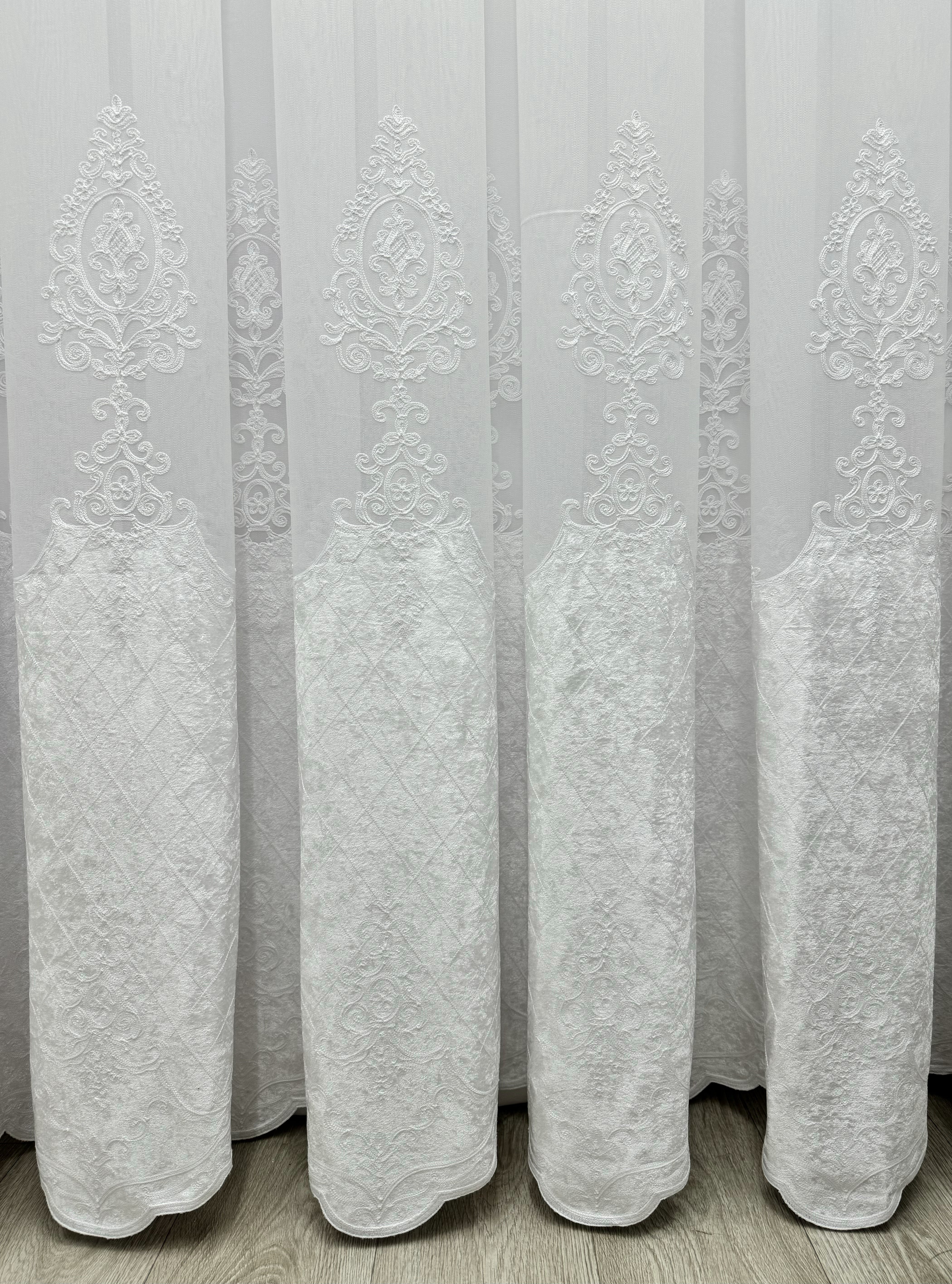 Sheer curtain with beautiful embroidery and velvet inserts, white color