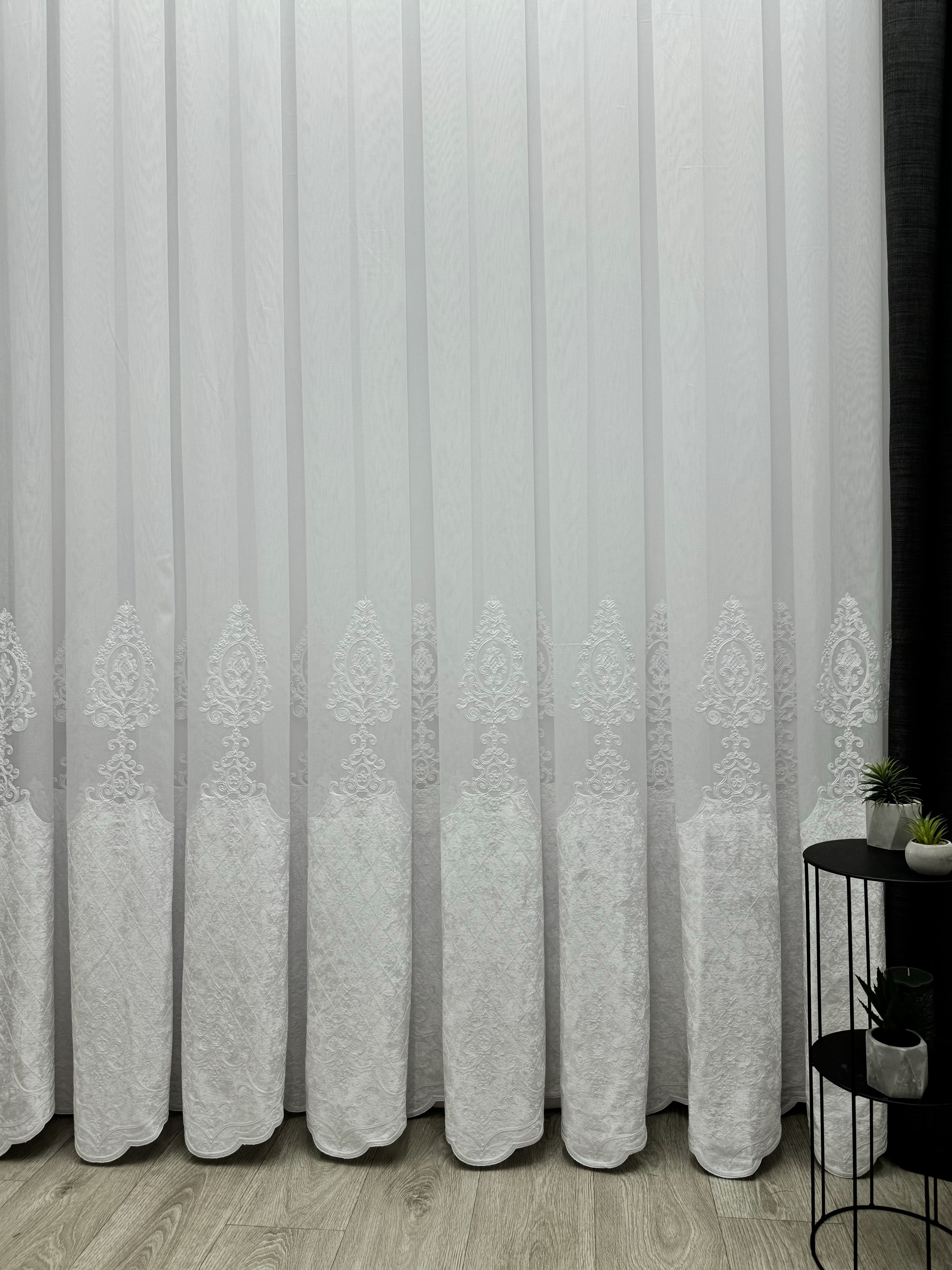 Sheer curtain with beautiful embroidery and velvet inserts, white color