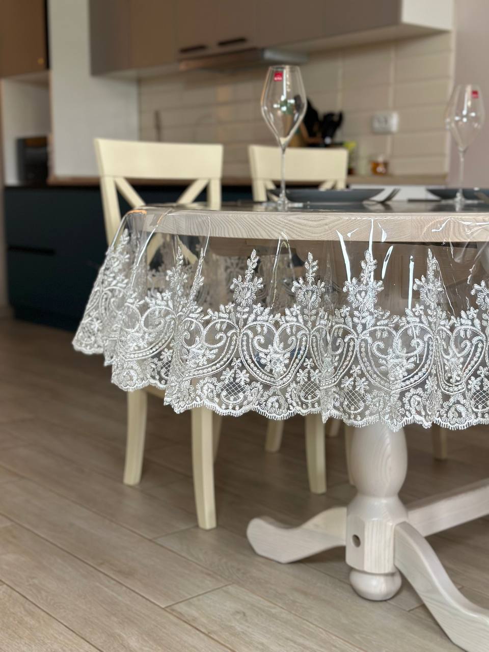 Silicone tablecloth with kings lace, color: Milk (custom size or standard size)
