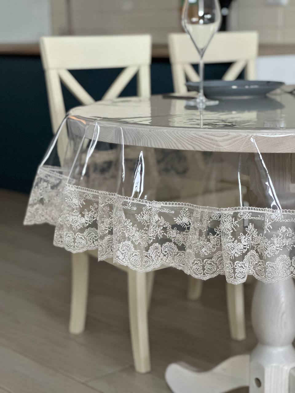 Silicone tablecloth with Blumarine lace, color: Cappuccino (custom size or standard size)