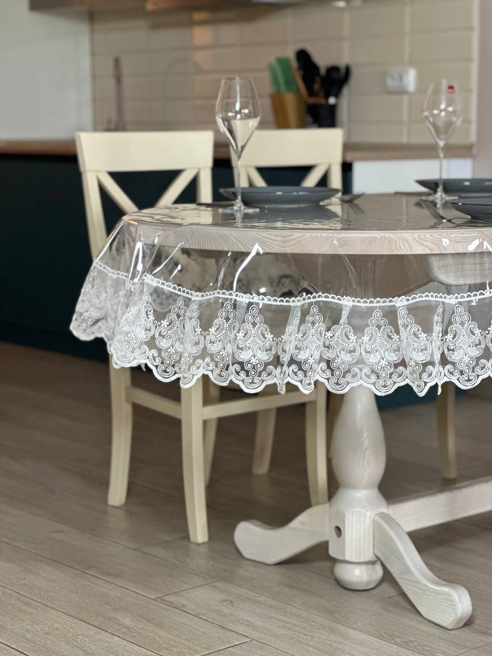 Silicone tablecloth with Richelieu lace, color: Milk (custom size or standard size)