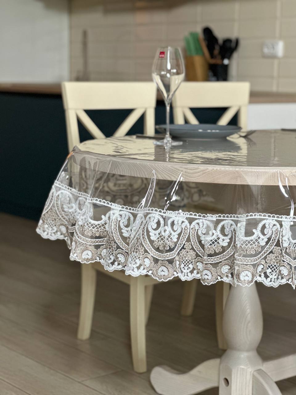 Silicone tablecloth with Vinzelles lace, 2 colors: milk and Cappuccino (custom size or standard size)