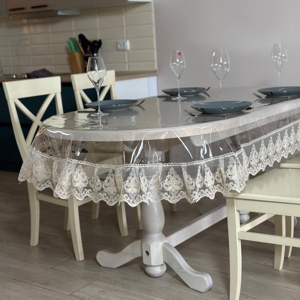 Silicone tablecloth with Richelieu lace, color: Cappuccino (custom size or standard size)