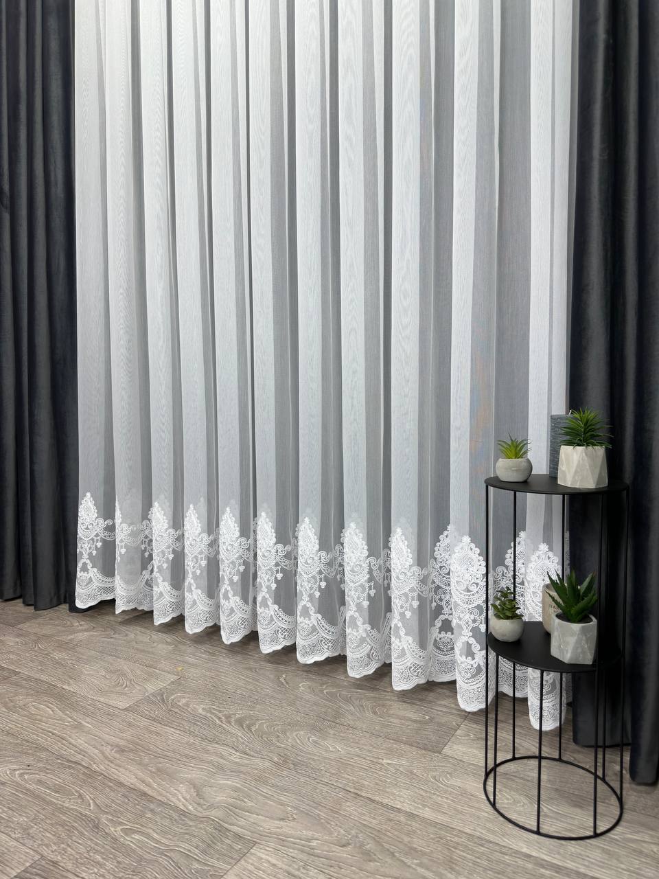 Sheer curtain with chenille embroidery on the bottom , white color