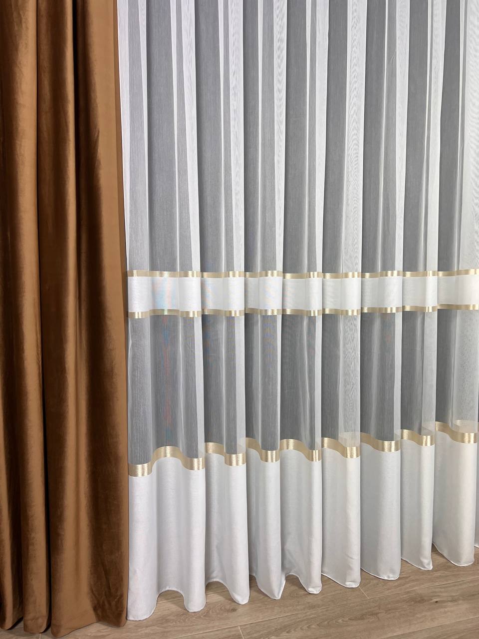 Sheer curtain with stripes and satin inserts, golden color