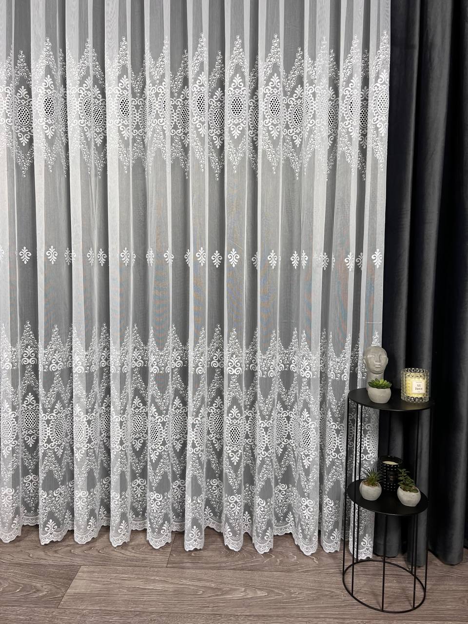 Sheer curtain with beautiful embroidery, white color