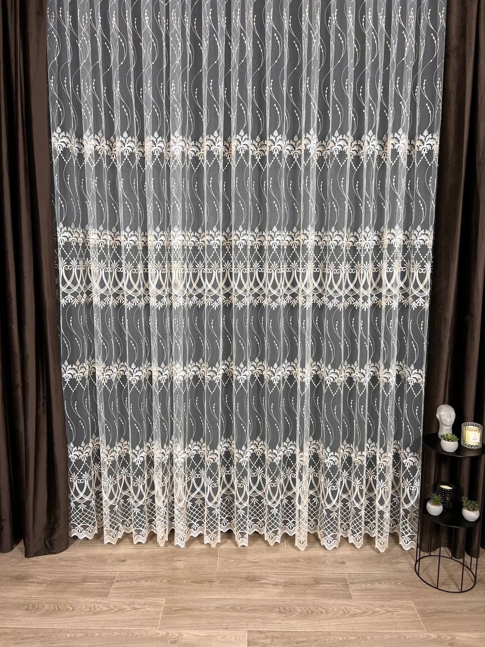 Sheer curtain with beautiful embroidery, milk with gold color