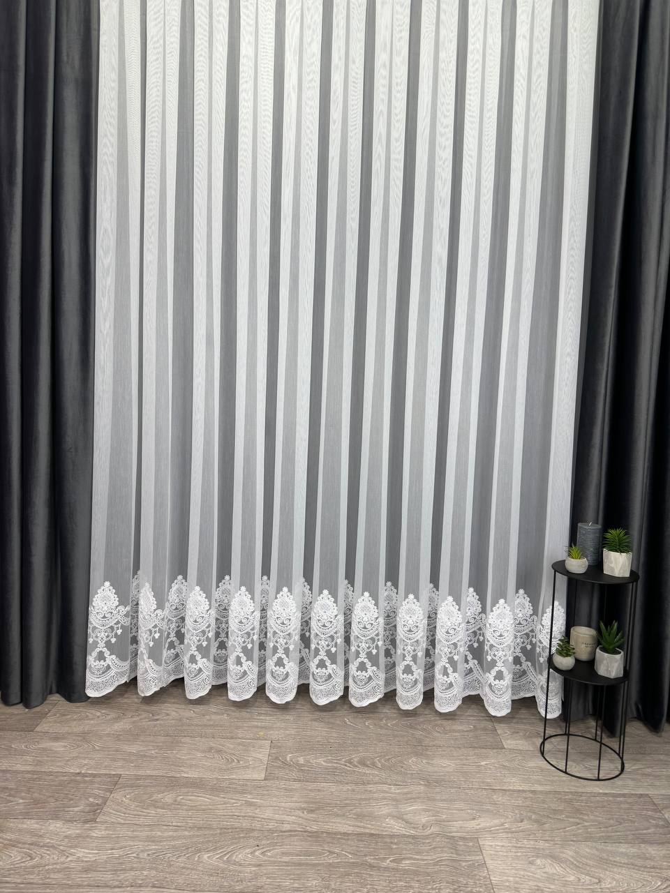 Sheer curtain with chenille embroidery on the bottom , white color