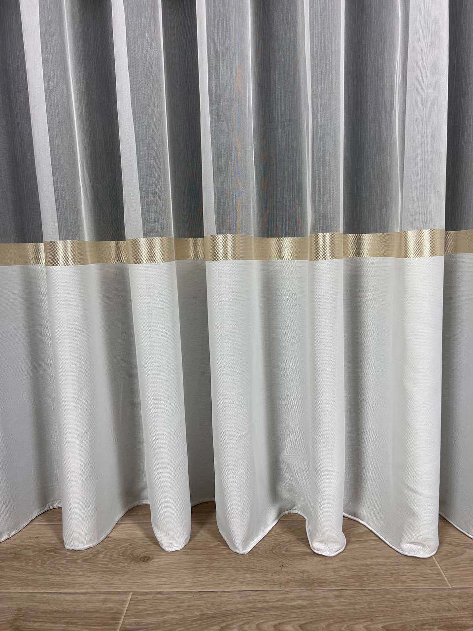 Sheer curtain with stripes and satin inserts, golden color