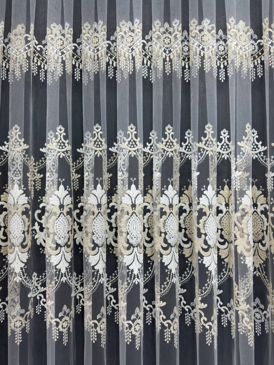 Sheer curtain with beautiful embroidery, milk with gold color