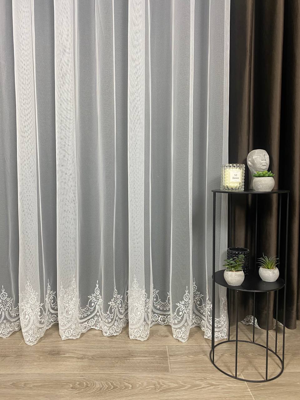 Sheer curtain with beautiful embroidery at the bottom, milk color