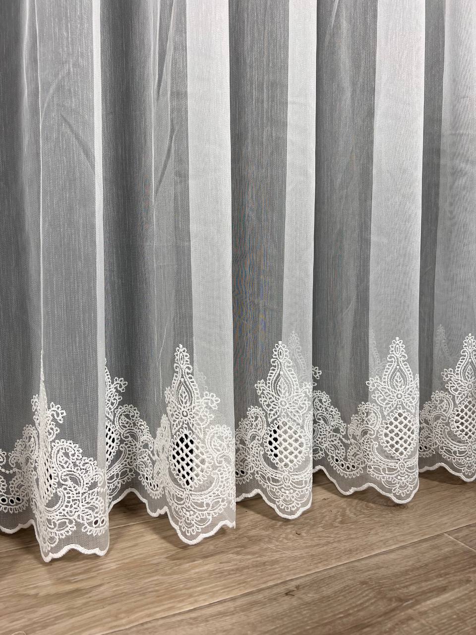 Sheer curtain with chenille embroidery on the bottom , milk color