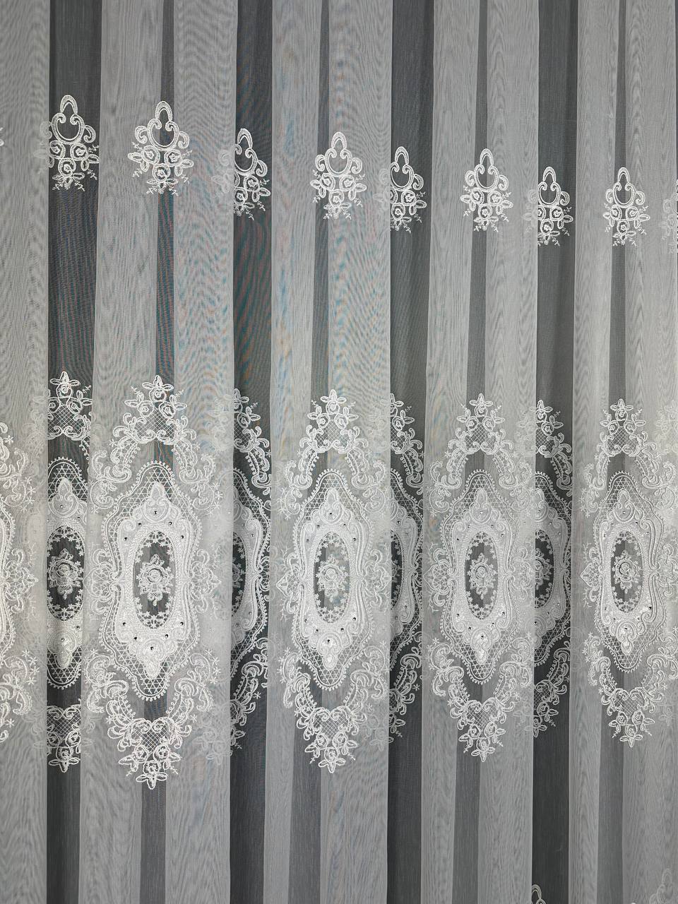 Sheer curtain with velvet inserts, stones and elegant embroidery, white color