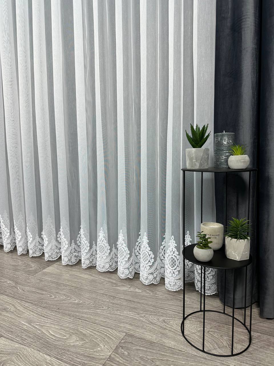 Sheer curtain with chenille embroidery on the bottom , white color