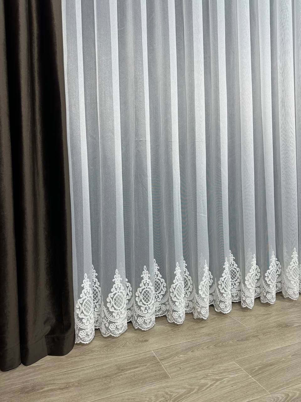 Sheer curtain with chenille embroidery on the bottom , milk color