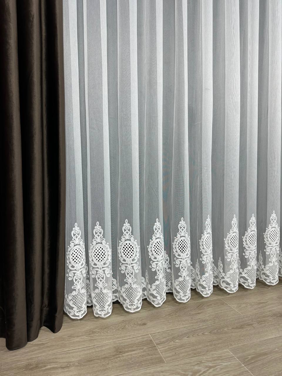 Sheer curtain with chenille embroidery on the bottom , milk color