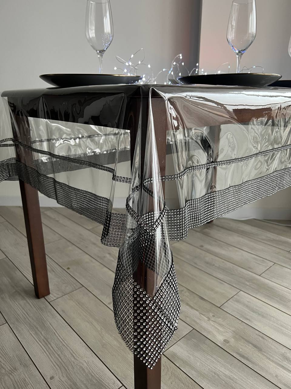 Tablecloth silicone with stones 2 ribbon, color Silver and black (Custom or standard size)