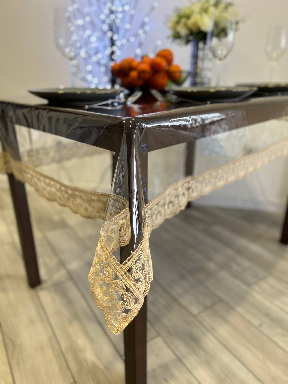 Silicone tablecloth with Rendezvous lace, color: Сappuccino (custom size or standard size)