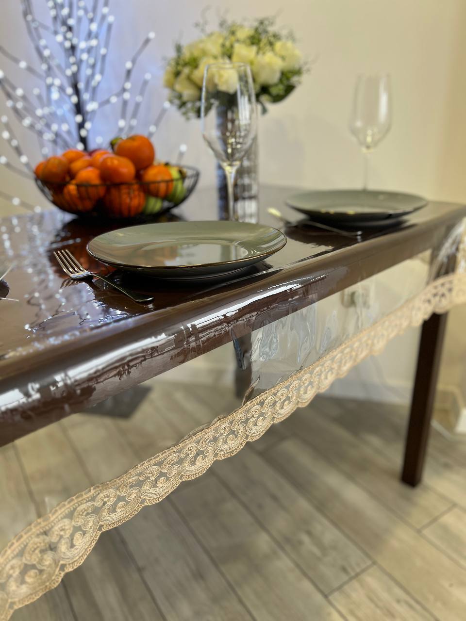 Silicone tablecloth with Rendezvous lace, color: Сappuccino (custom size or standard size)