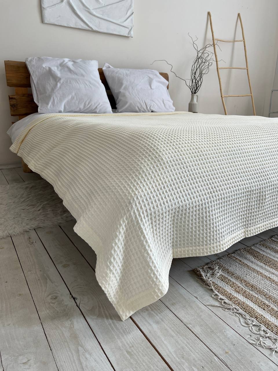 Waffle bedspread, 100% cotton, milk color