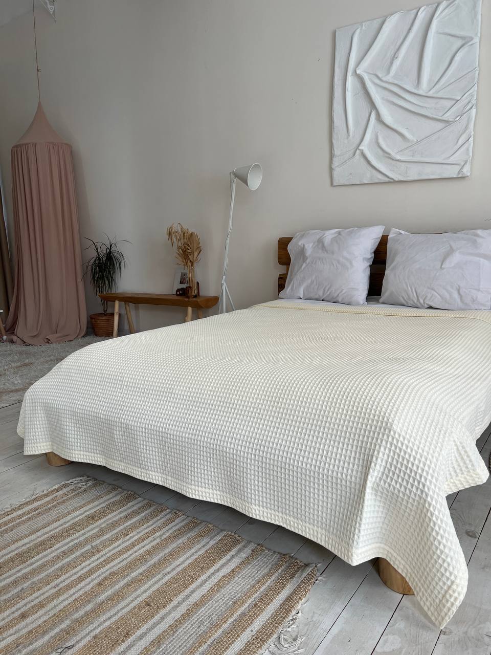 Waffle bedspread, 100% cotton, milk color