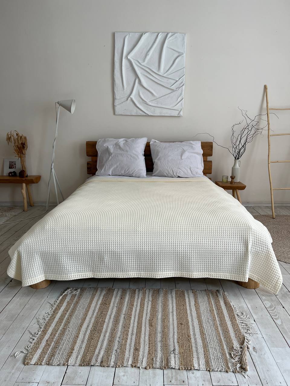 Waffle bedspread, 100% cotton, milk color