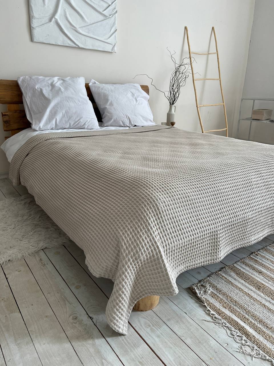 Waffle bedspread, 100% cotton, cappuccino color