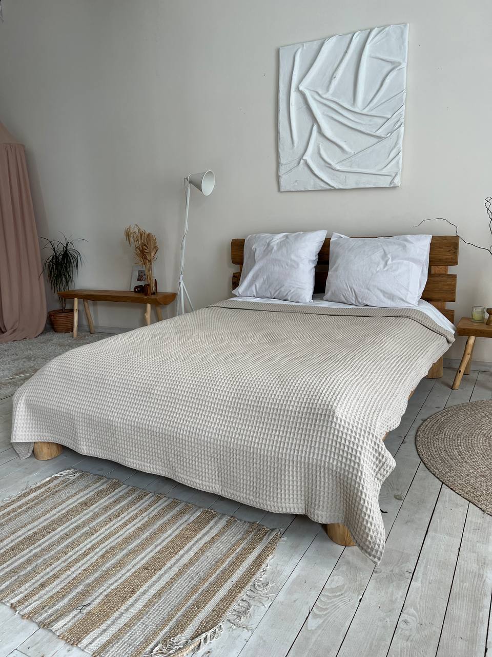 Waffle bedspread, 100% cotton, cappuccino color