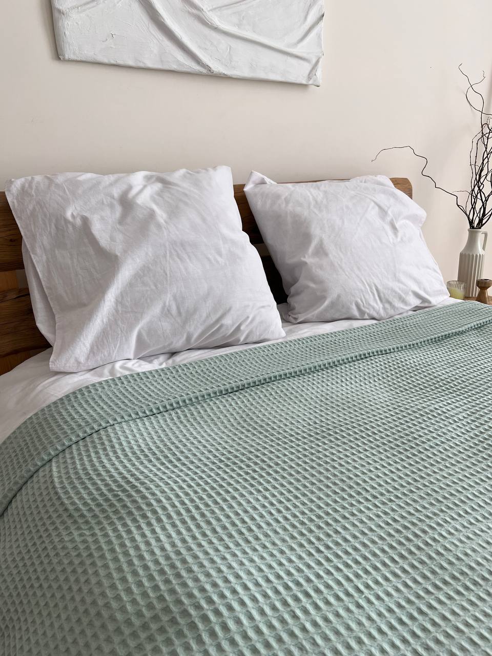 Waffle bedspread, 100% cotton, mint color