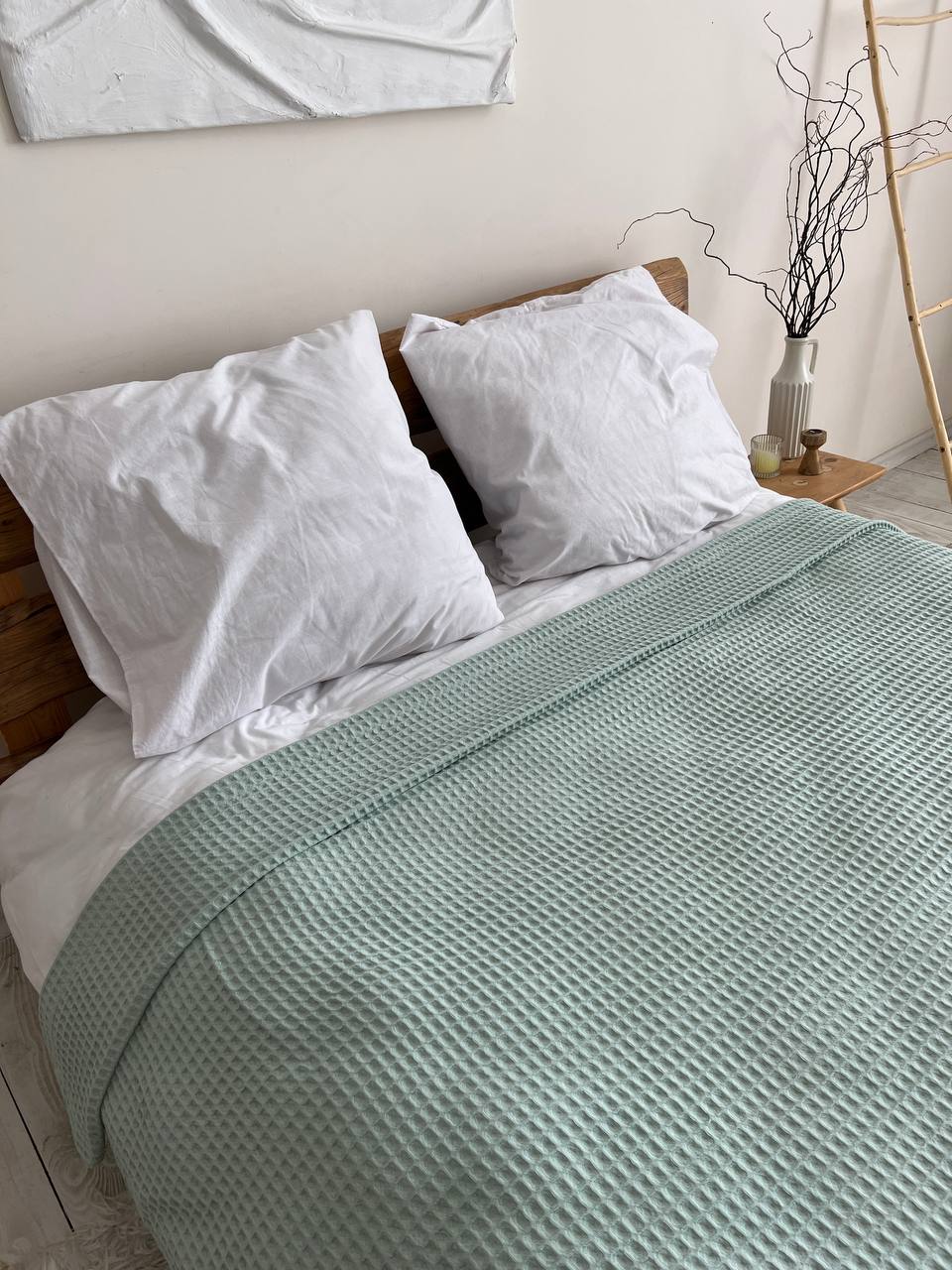 Waffle bedspread, 100% cotton, mint color