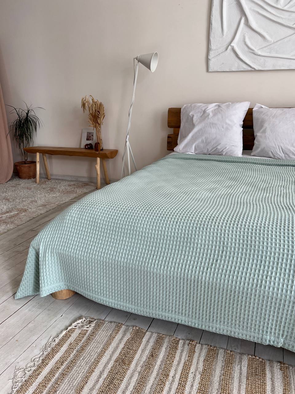 Waffle bedspread, 100% cotton, mint color