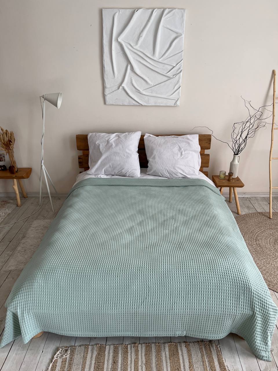 Waffle bedspread, 100% cotton, mint color