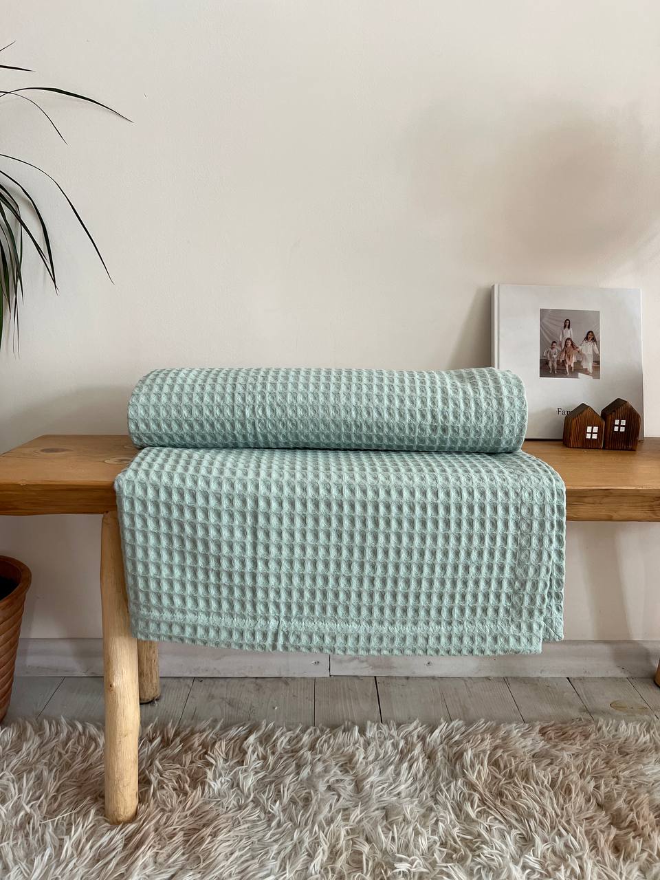 Waffle bedspread, 100% cotton, mint color