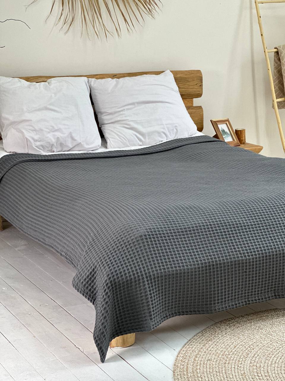 Waffle bedspread, 100% cotton, graphite color