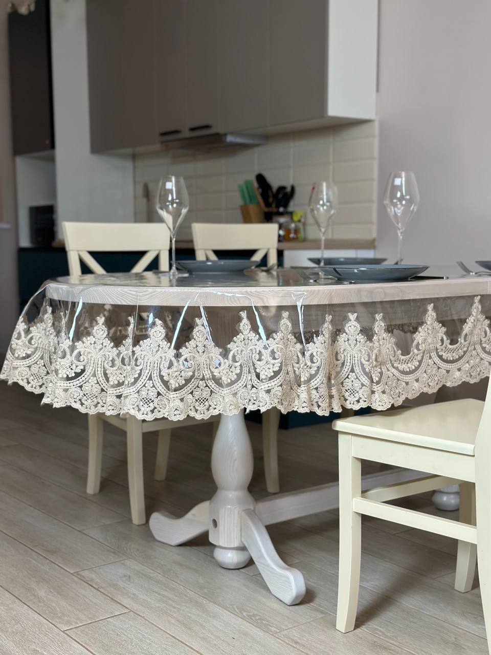 Silicone tablecloth with lace Emperor, color: Champagne (beige) (custom size or standard size)