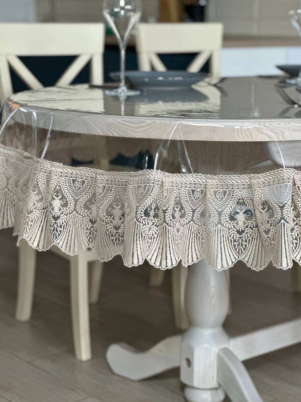 Silicone tablecloth with Versailles lace, color: Cappuccino (custom size or standard size)