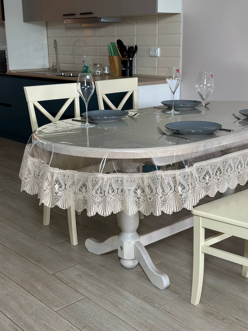 Silicone tablecloth with Versailles lace, color: Cappuccino (custom size or standard size)