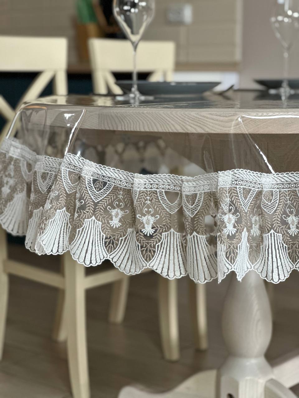 Silicone tablecloth with Versailles lace, 2 colors: milk and Cappuccino (custom size or standard size)