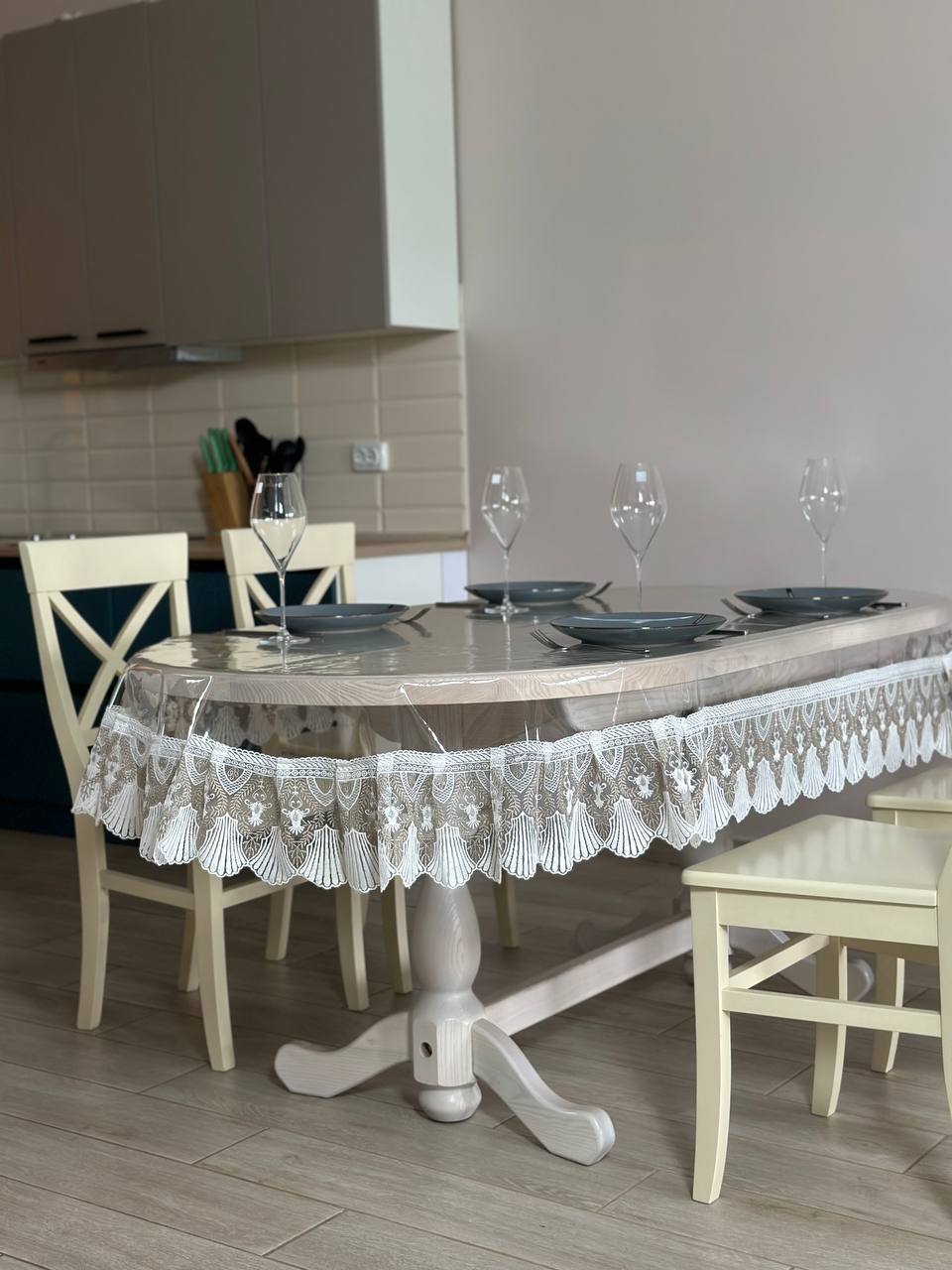 Silicone tablecloth with Versailles lace, 2 colors: milk and Cappuccino (custom size or standard size)