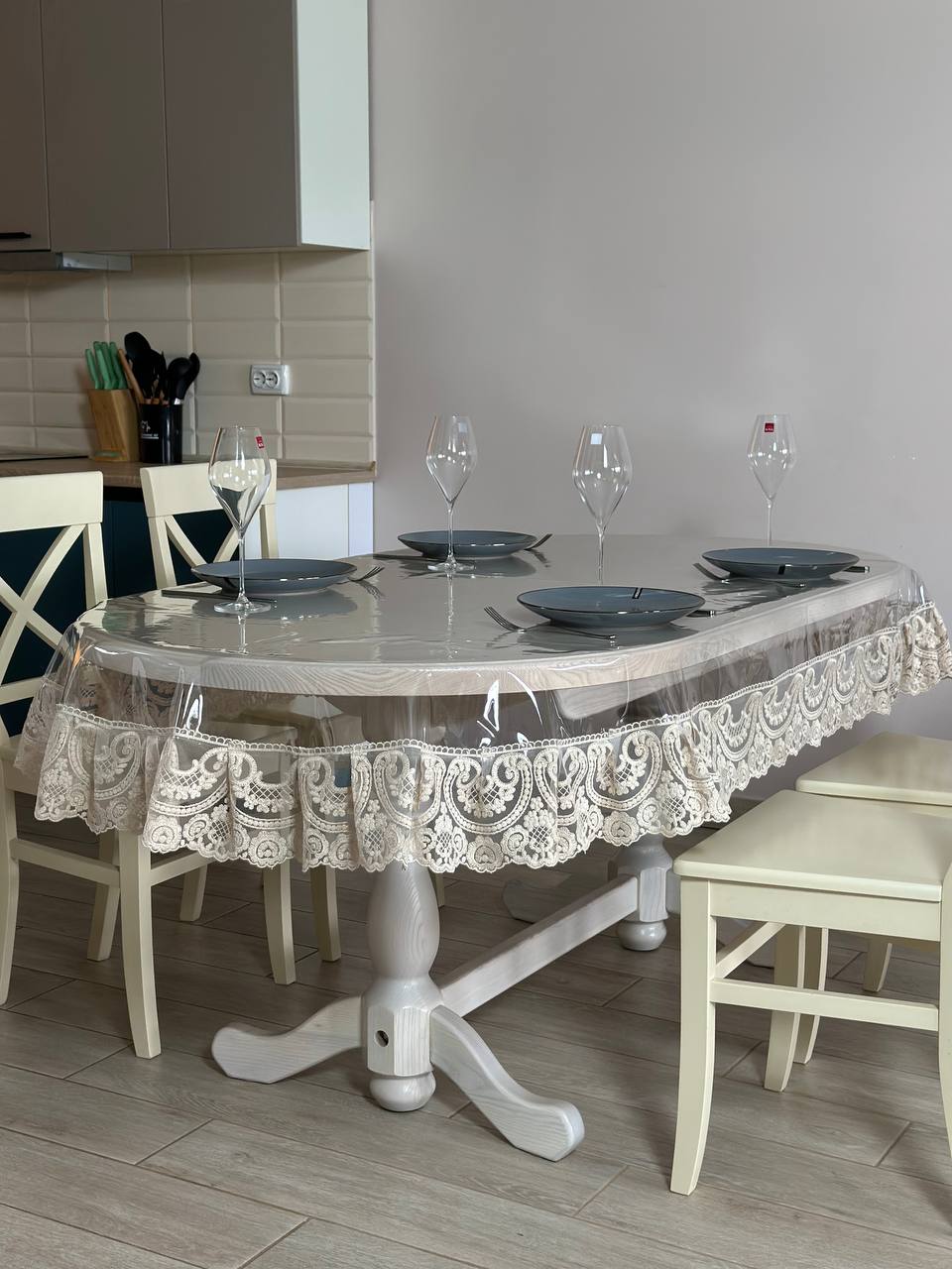 Silicone tablecloth with Vinzelles lace, color: Cappuccino (custom size or standard size)