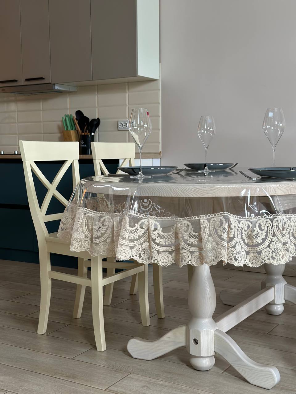 Silicone tablecloth with Vinzelles lace, color: Cappuccino (custom size or standard size)