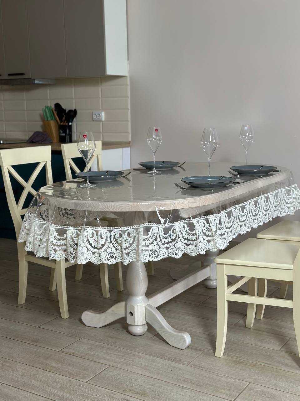 Silicone tablecloth with Vinzelles lace, color: Milk (custom size or standard size)