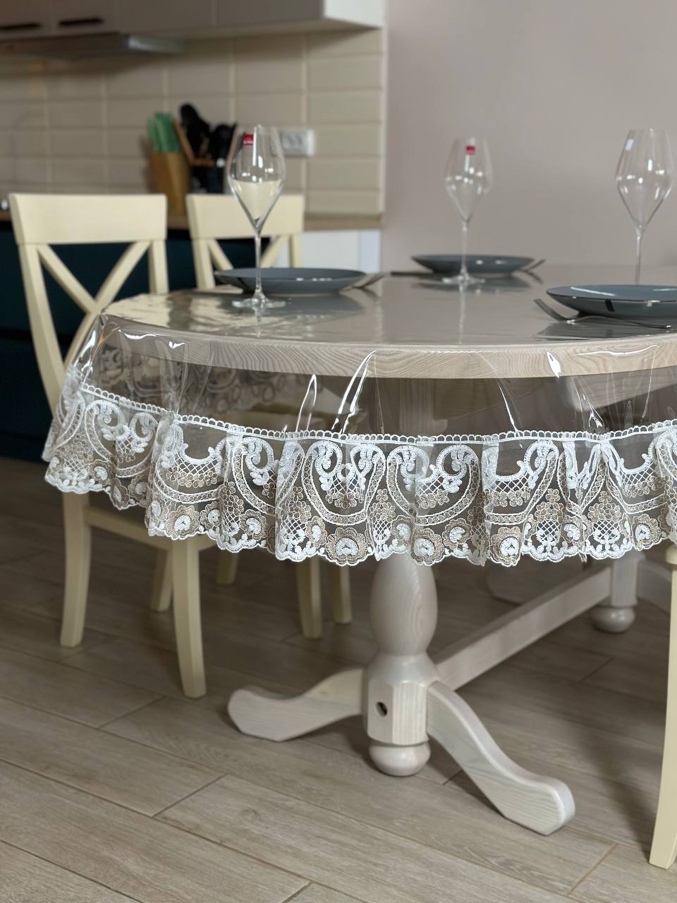 Silicone tablecloth with Vinzelles lace, 2 colors: milk and Cappuccino (custom size or standard size)