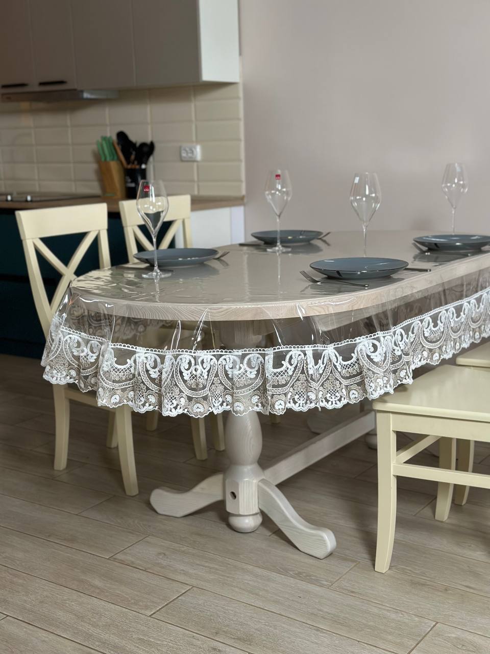 Silicone tablecloth with Vinzelles lace, 2 colors: milk and Cappuccino (custom size or standard size)