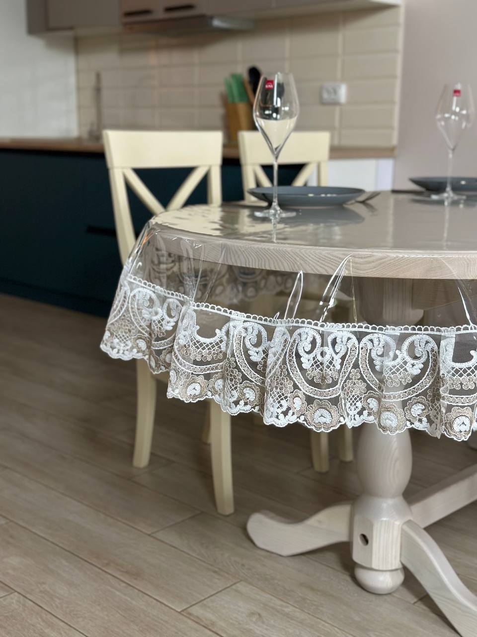 Silicone tablecloth with Vinzelles lace, 2 colors: milk and Cappuccino (custom size or standard size)