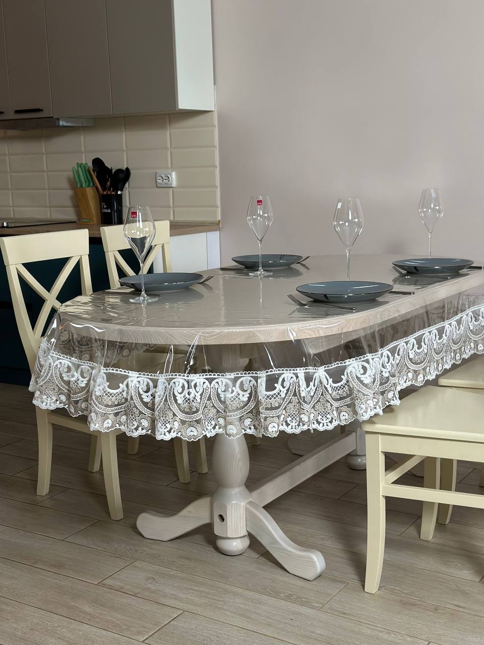 Silicone tablecloth with Vinzelles lace, 2 colors: milk and Cappuccino (custom size or standard size)