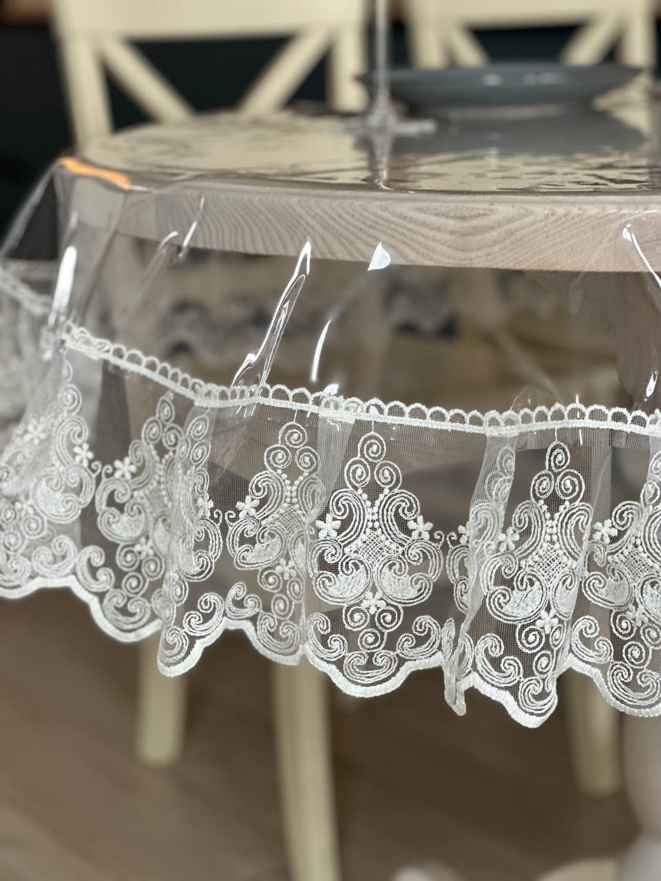 Silicone tablecloth with Richelieu lace, color: Milk (custom size or standard size)